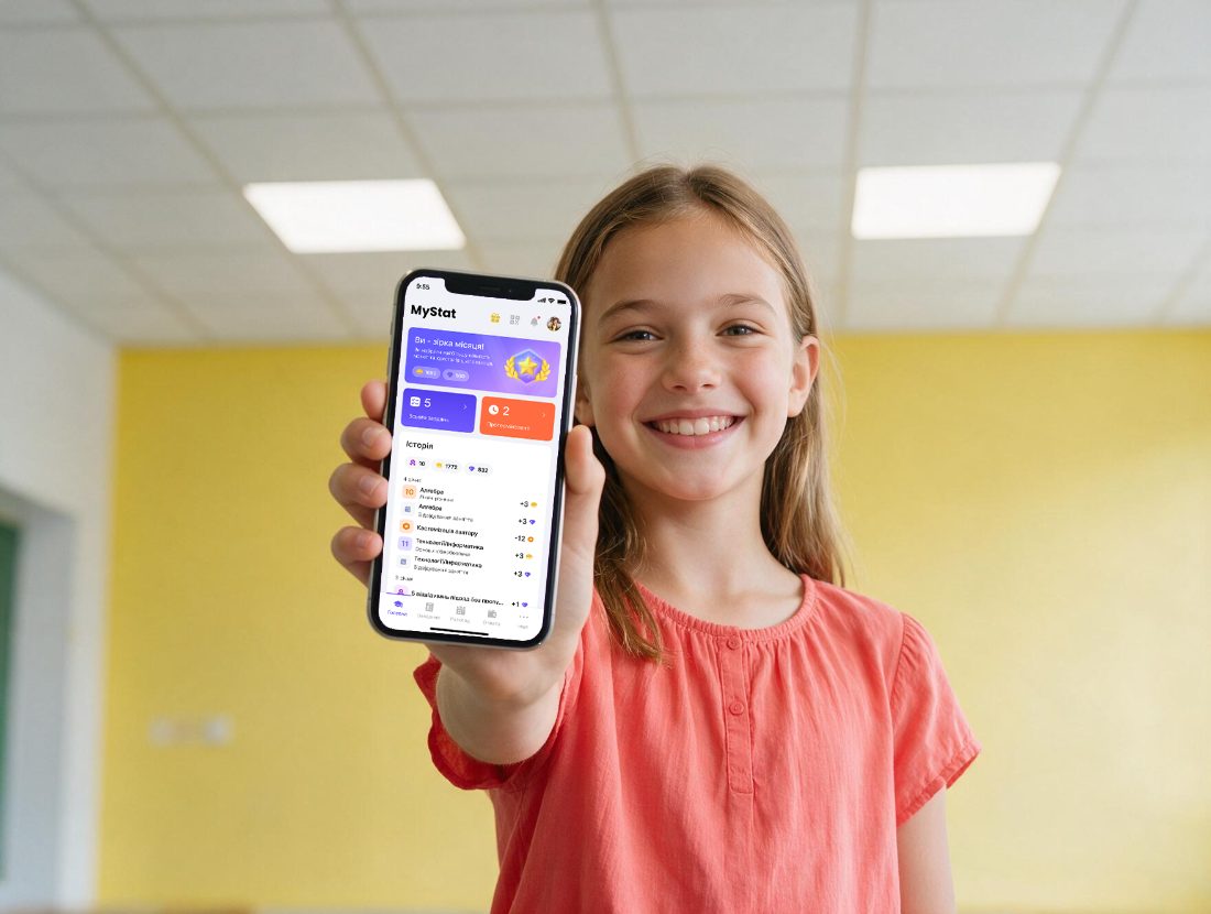 Учениця показує в застосунку MyStat, що вона зірка місяця